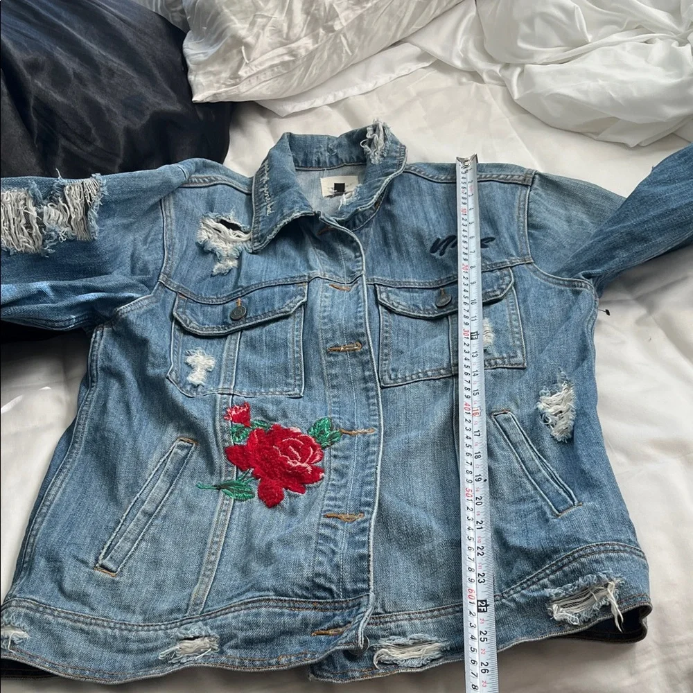 Distressed Blue Denim Jacket with Red Rose Embroidery- HIDDEN. - Picture 11 of 12